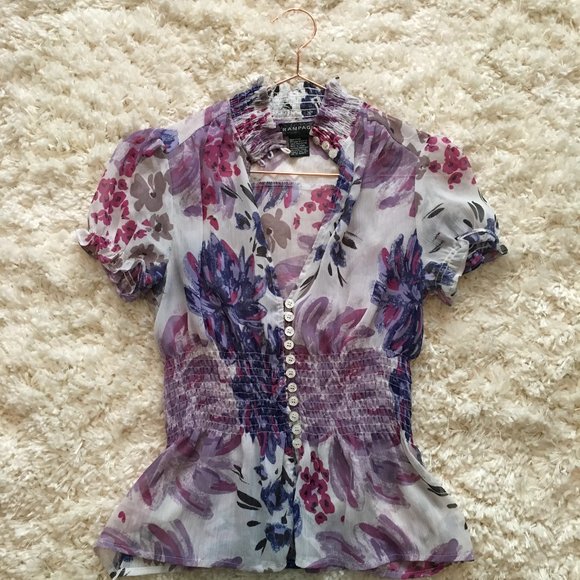 RAMPAGE SHEER FLORAL SHORT SLEEVE BLOUSE - Picture 6 of 7
